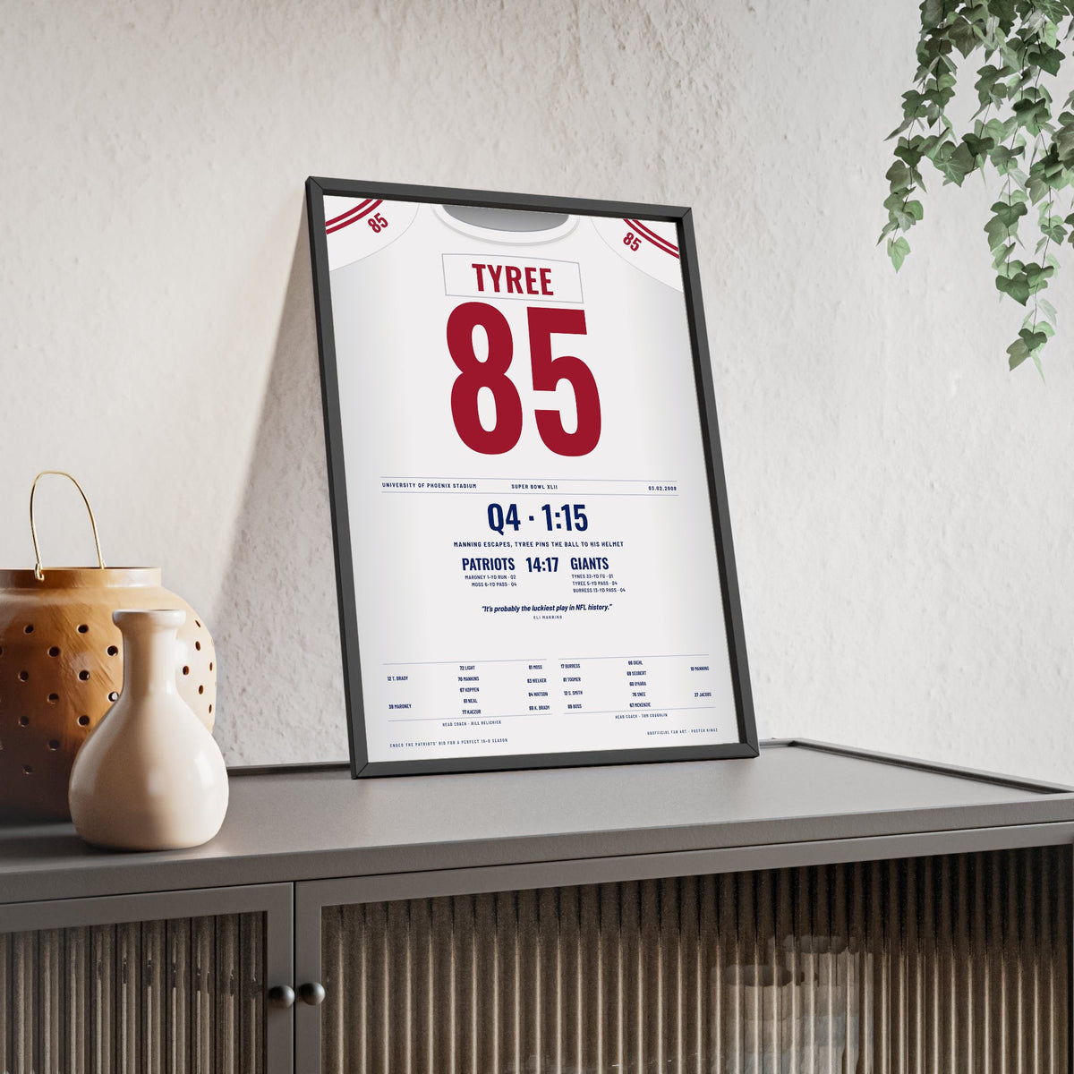 New York Giants Super Bowl XLII Poster - David Tyree 85 Helmet Catch Jersey Print framed and leaning on a sideboard