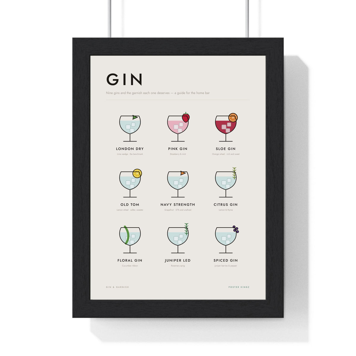 Gin & Garnish print framed in a black frame, ready to hang
