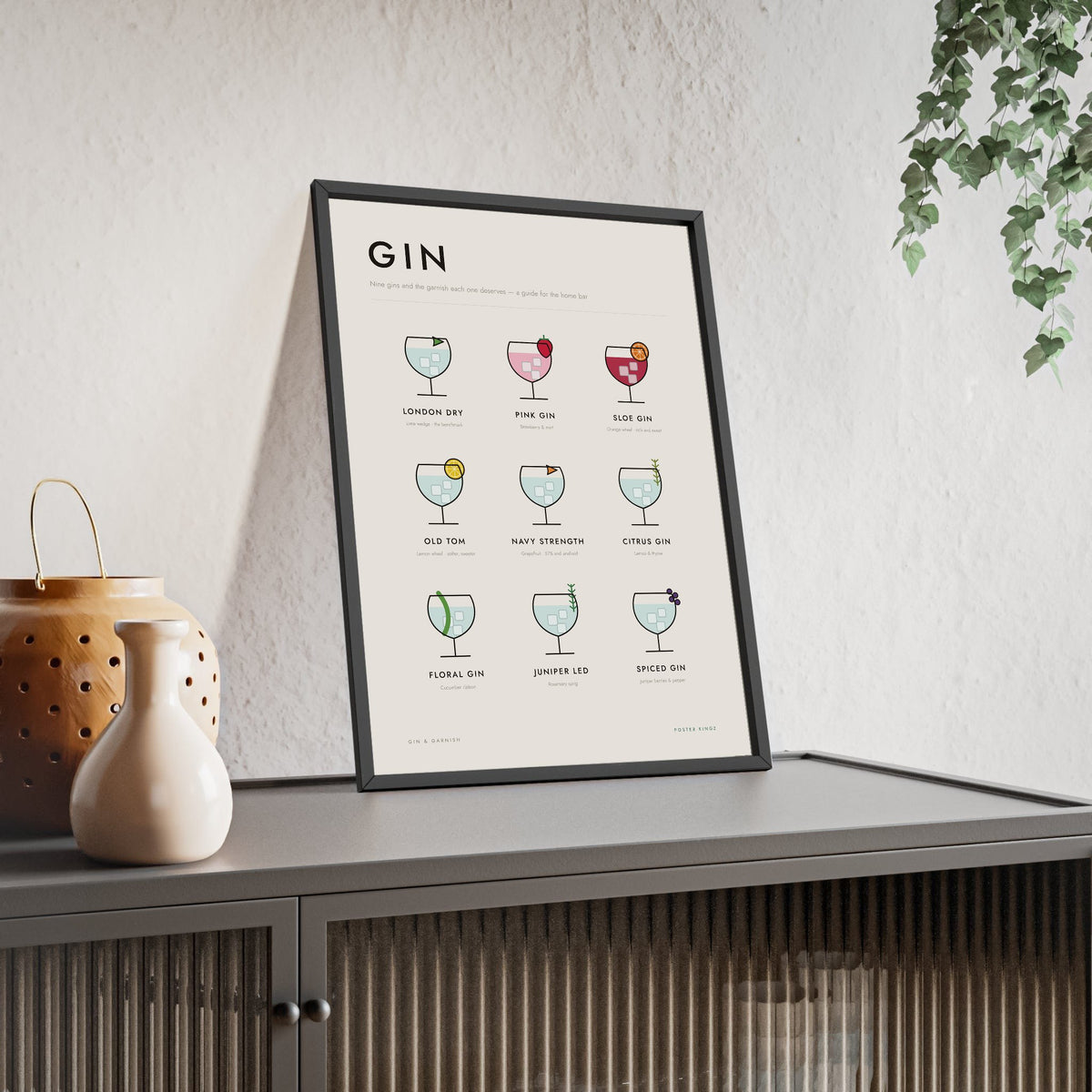 Gin & Garnish print framed and leaning on a sideboard