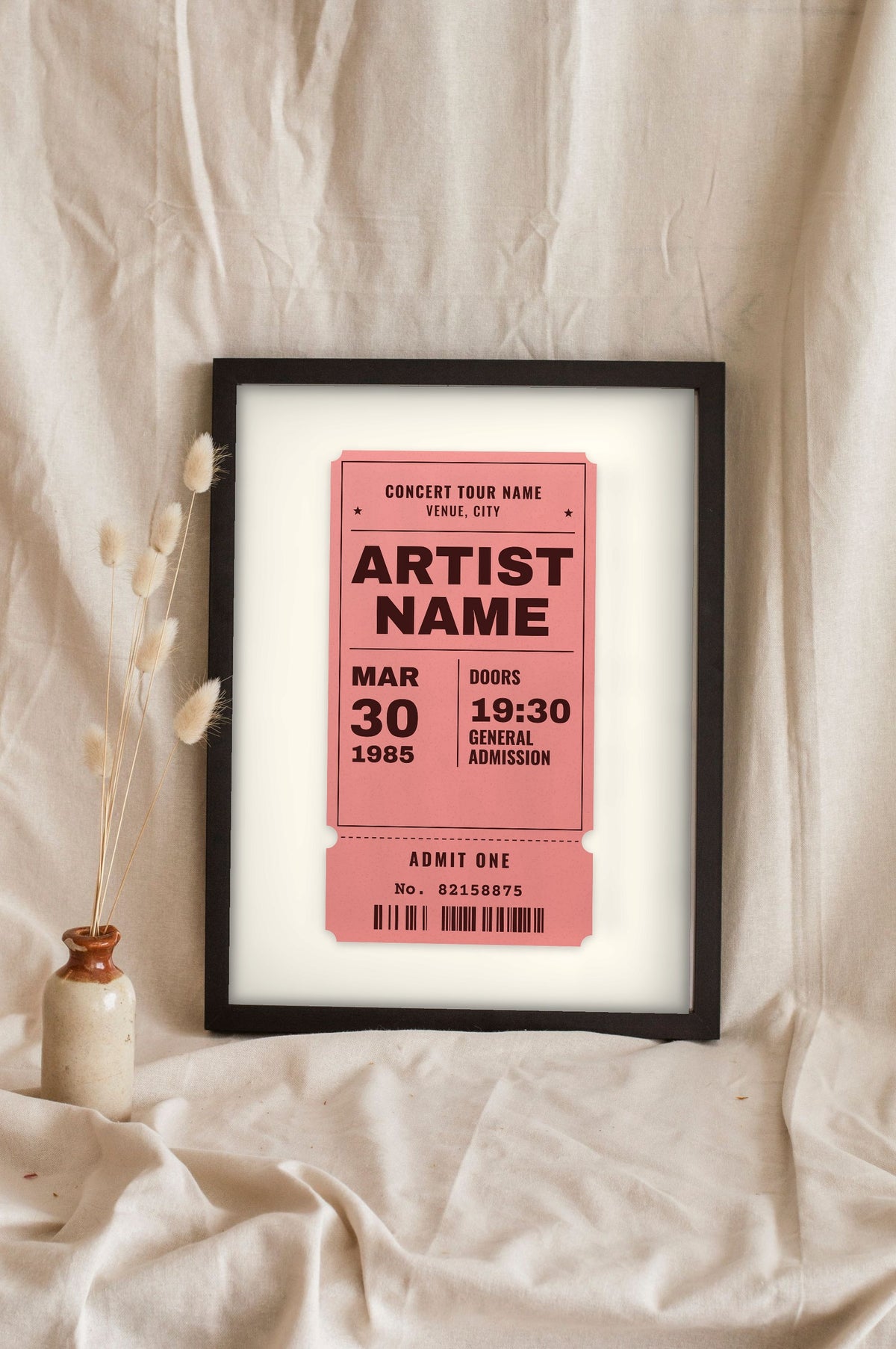 Personalised Concert Ticket Print - Lifestyle - leaning in a frame with dried flowers