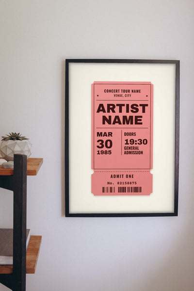 Personalised Concert Ticket Print - Lifestyle - hanging on a living room wall