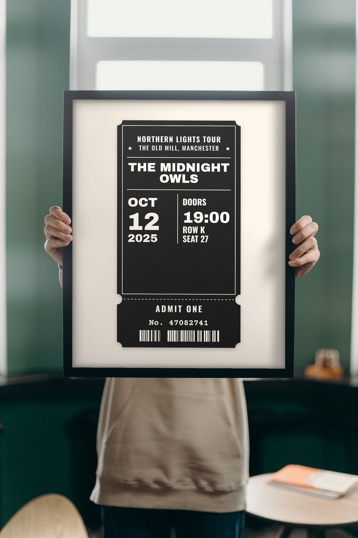 Personalised Concert Ticket Print - Lifestyle - held up in a bright room
