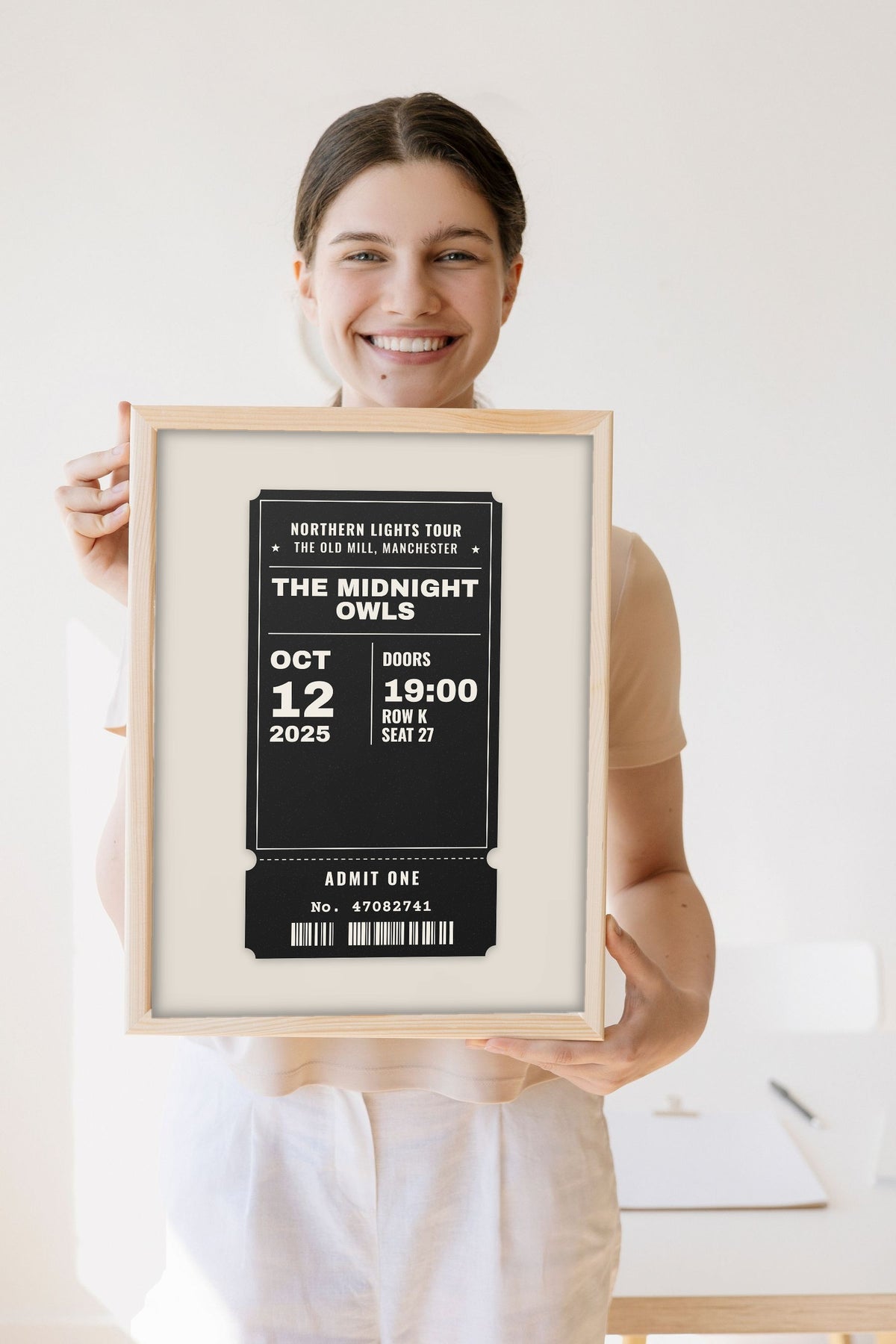 Personalised Concert Ticket Print - Lifestyle - held by a smiling woman