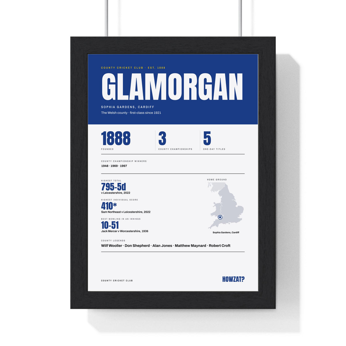 Glamorgan Cricket print framed in a black frame, ready to hang