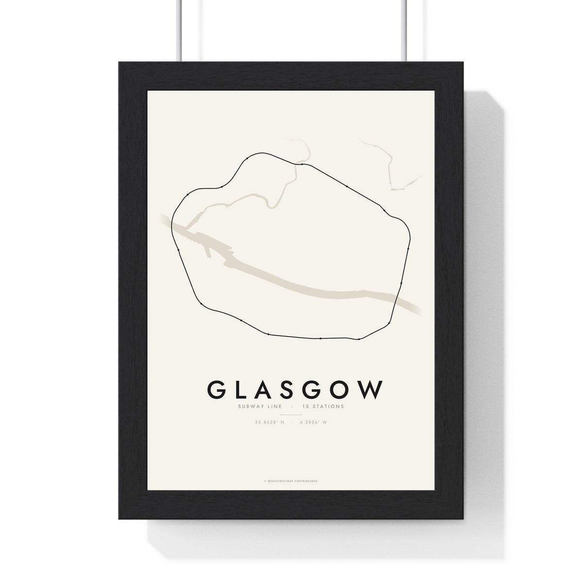 Glasgow Subway Map Print - framed minimal Glasgow metro lines map print, black lines on cream paper