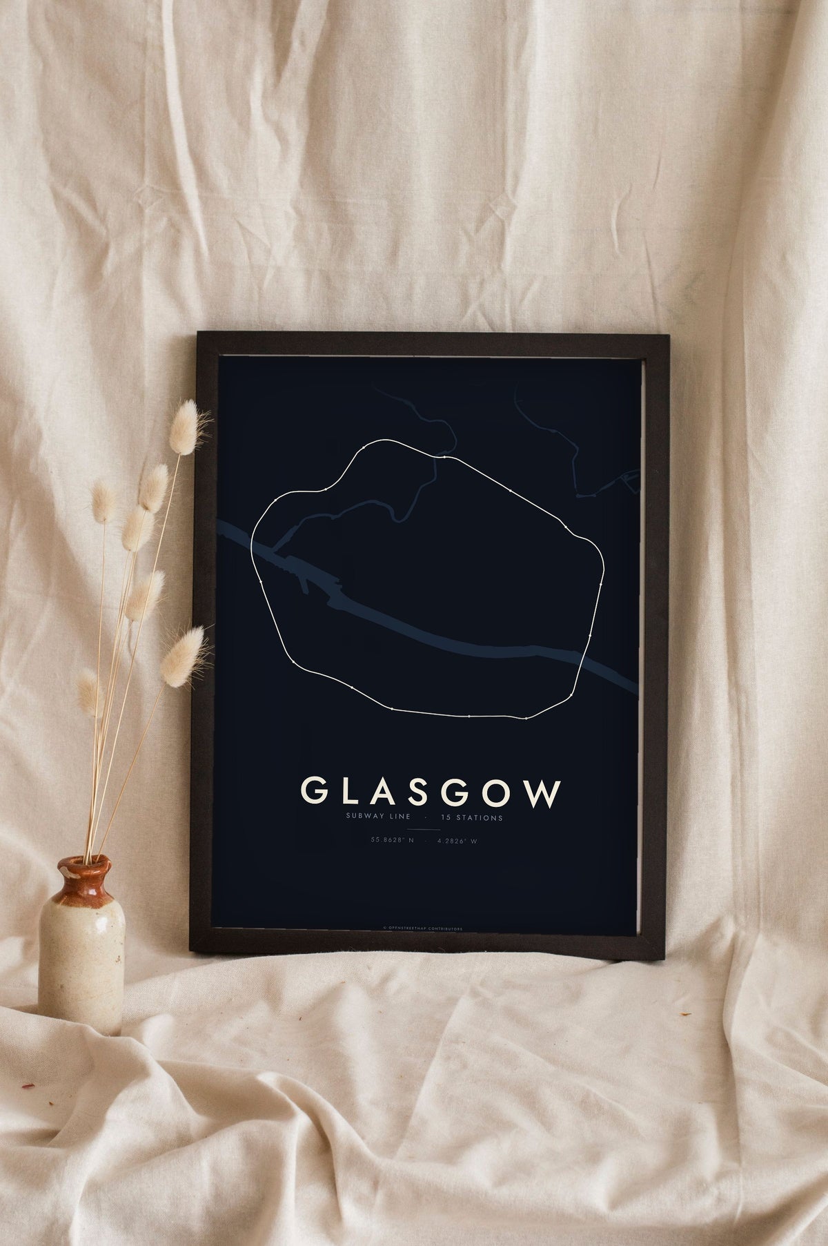 Glasgow Subway Map Print - night style Glasgow metro map print, light lines on a dark ground
