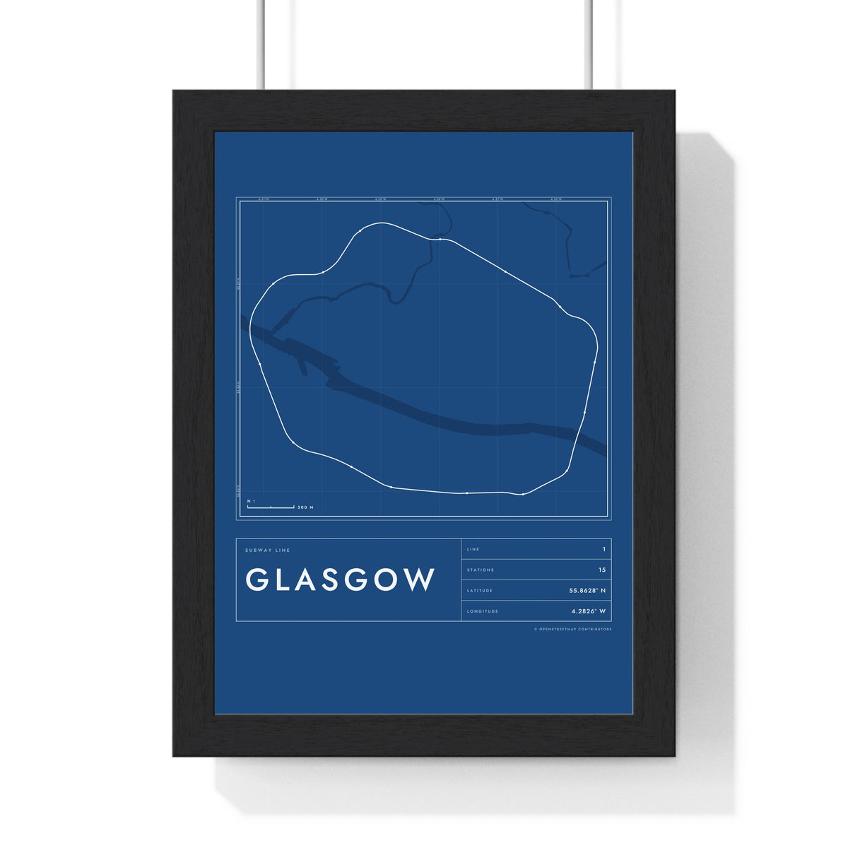 Glasgow Subway Map Print - framed blueprint style Glasgow metro map print with grid and scale bar