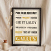 Glasgow Sayings Print in a black frame propped up on linen