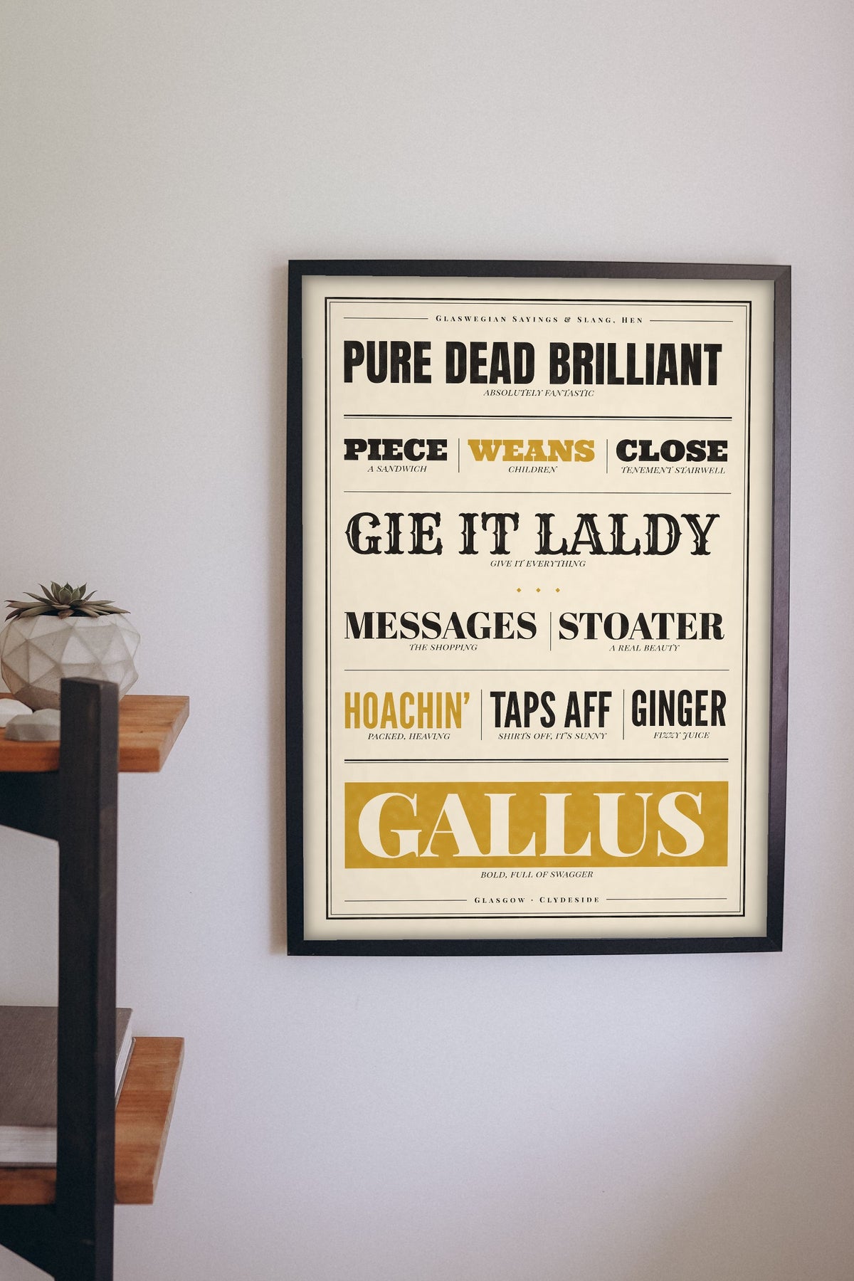 Glasgow Sayings Print framed on a wall