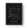 Glasgow street map poster in black, minimal city map print framed in a black frame