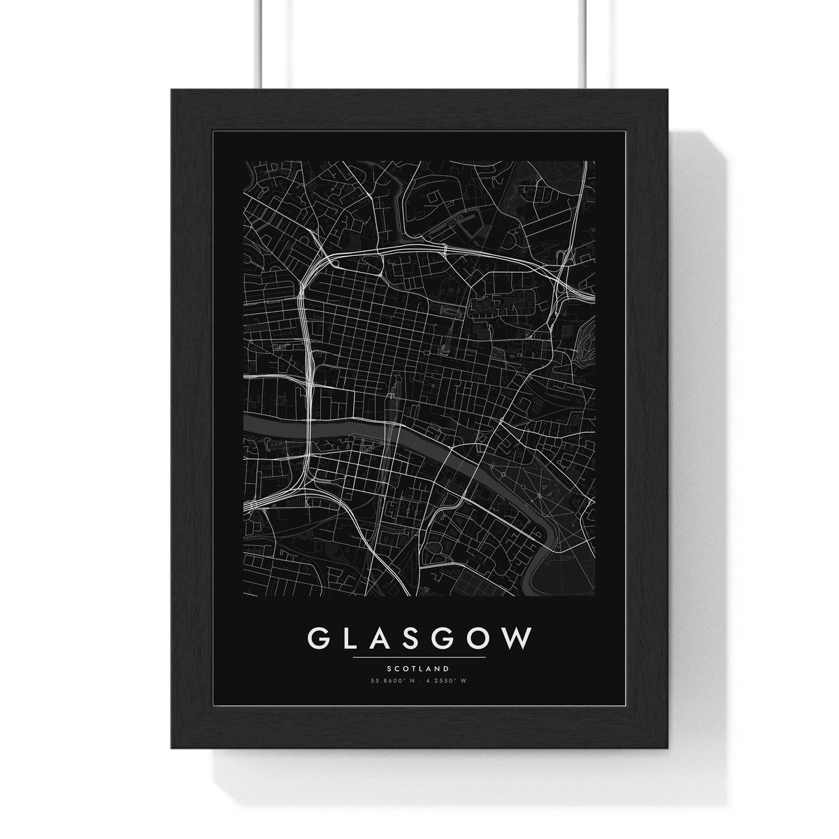 Glasgow street map poster in black, minimal city map print framed in a black frame