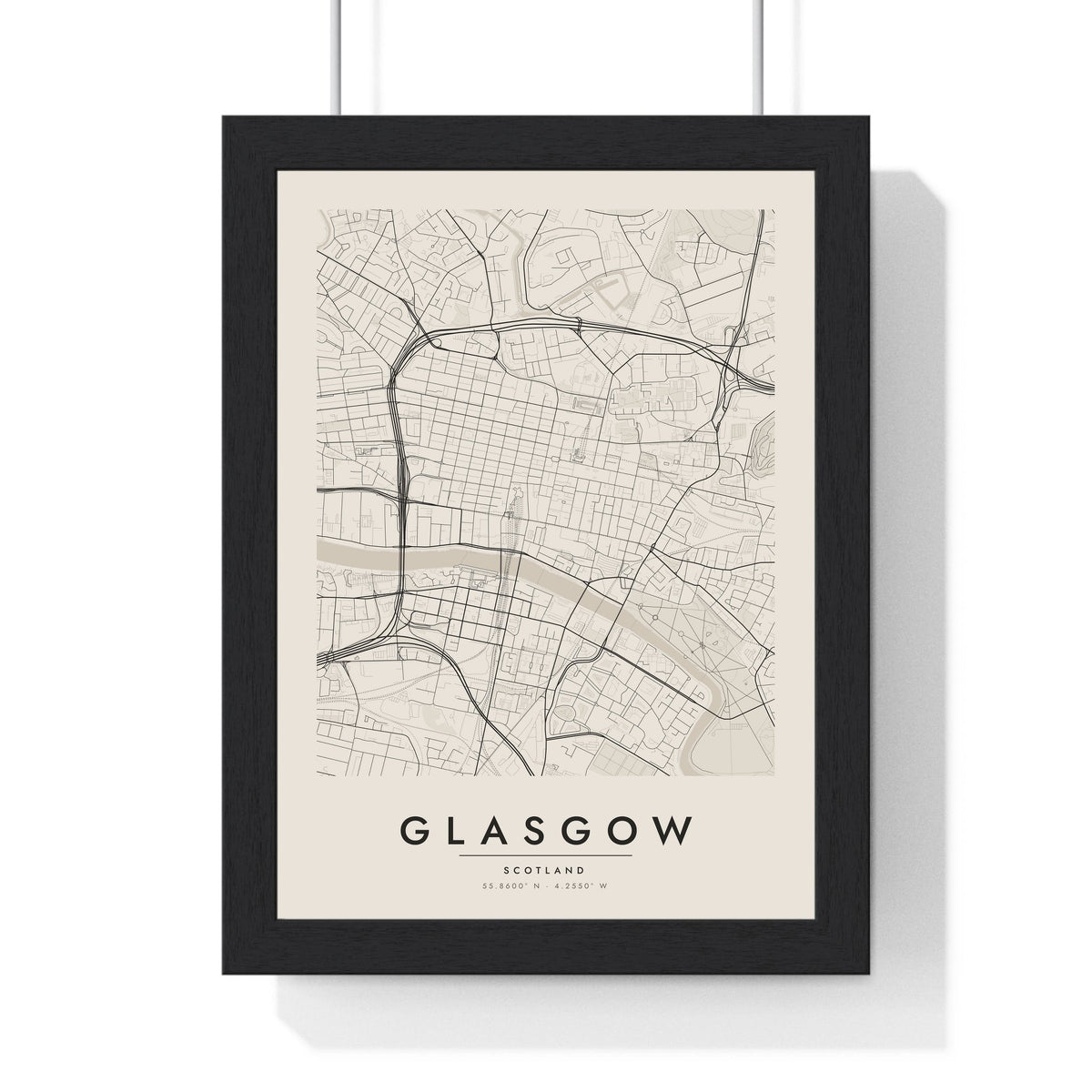 Glasgow street map poster in cream, minimal city map print framed in a black frame