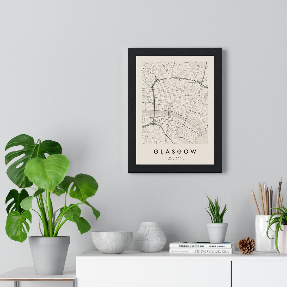 Glasgow street map poster in cream, minimal city map print framed on a living room wall
