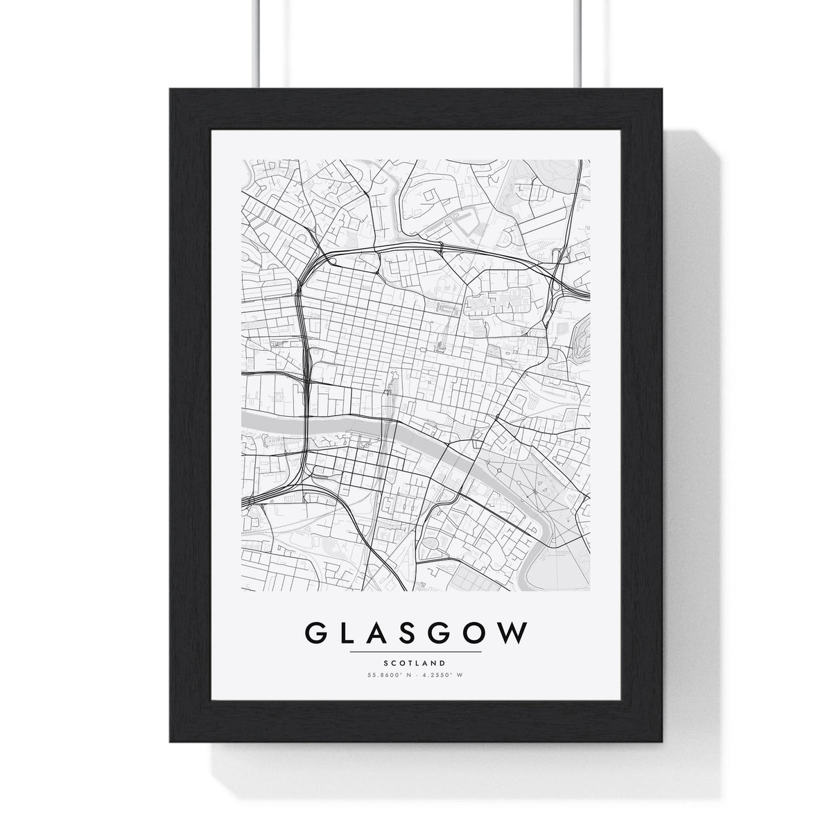 Glasgow street map poster in white, minimal city map print framed in a black frame