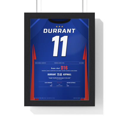 Glen Durrant Premier League Final 2020 Darts Poster - 11-8 v Aspinall Shirt Print framed in a black frame, ready to hang