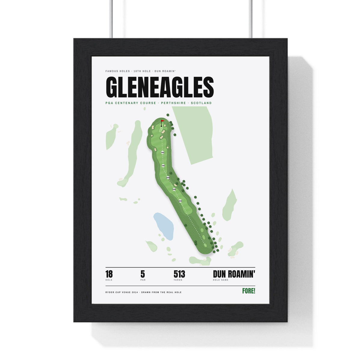 Gleneagles 18th Hole White print framed in a black frame, ready to hang