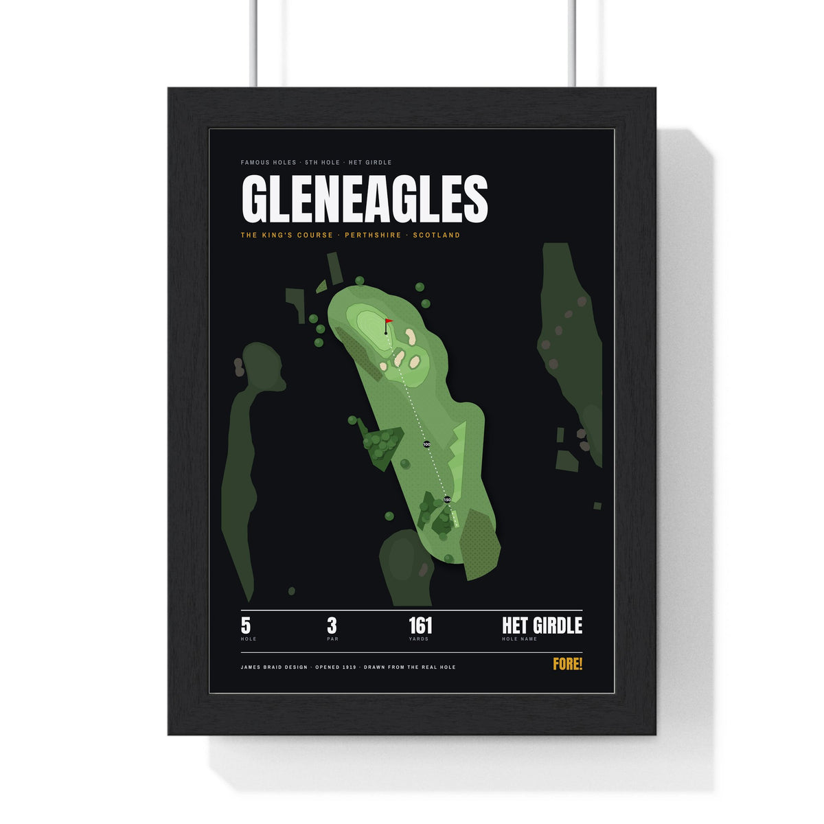 Gleneagles 5th Hole print framed in a black frame, ready to hang