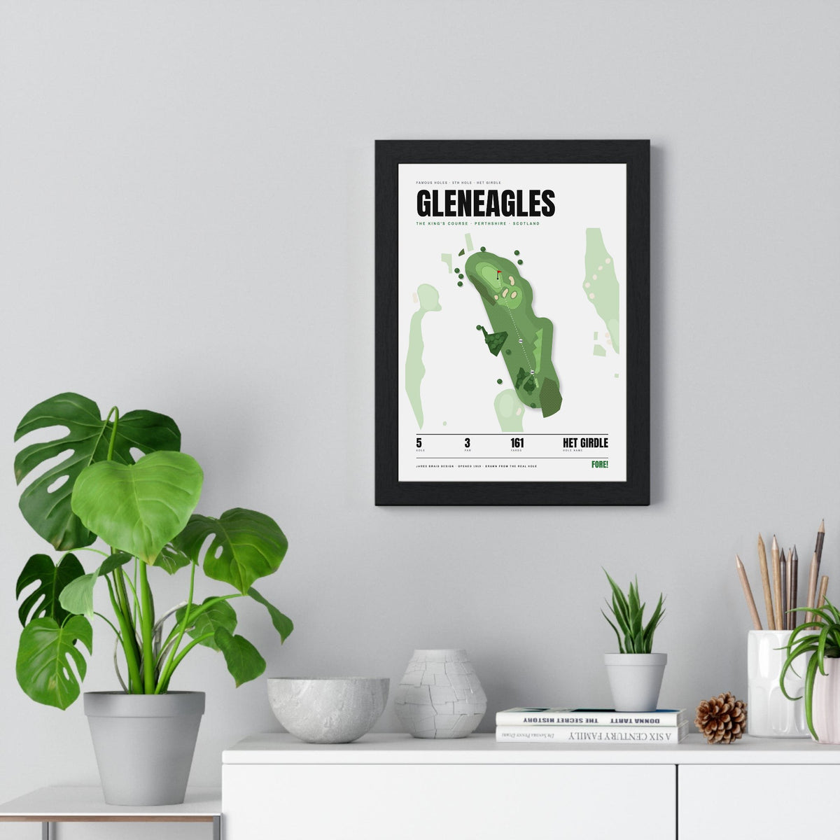 Gleneagles 5th Hole White print framed on a living room wall