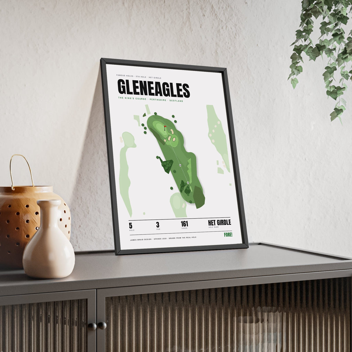 Gleneagles 5th Hole White print framed and leaning on a sideboard