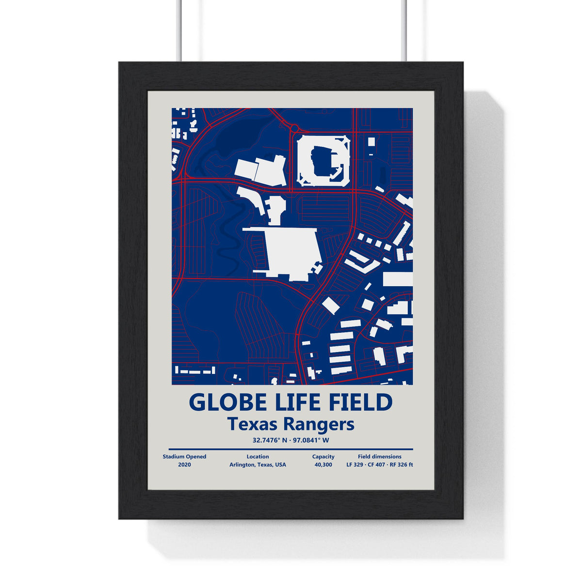 Globe Life Field map print framed in a black frame, ready to hang
