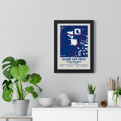 Globe Life Field map print framed on a living room wall