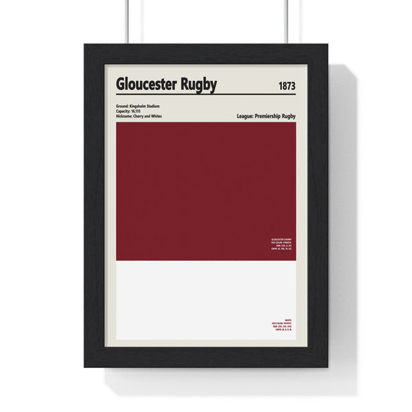 Gloucester Rugby Colour Swatch poster framed, cherry and white colours displayed in modern black frame