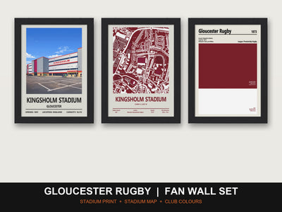 Gloucester Rugby Fan Wall Set | Kingsholm Stadium Print, Stadium Map & Club Colours