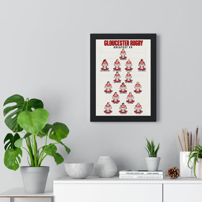 Gloucester Rugby Greatest XV poster framed on a living room wall