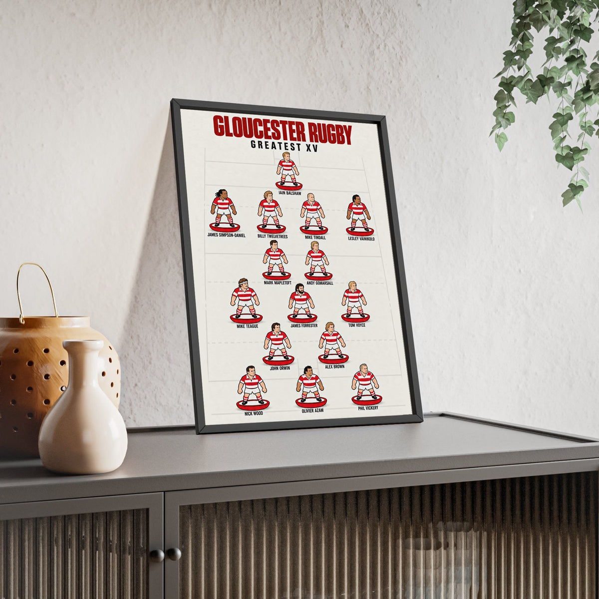 Gloucester Rugby Greatest XV framed print leaning on a sideboard