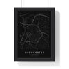 Gloucester street map poster in black, minimal city map print framed in a black frame
