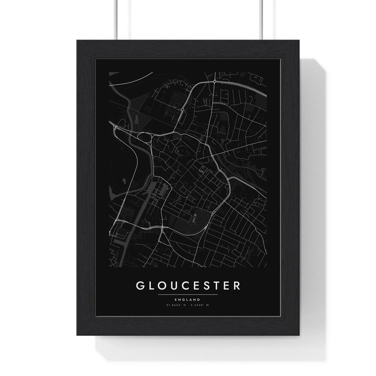 Gloucester street map poster in black, minimal city map print framed in a black frame