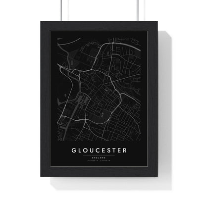 Gloucester street map poster in black, minimal city map print framed in a black frame