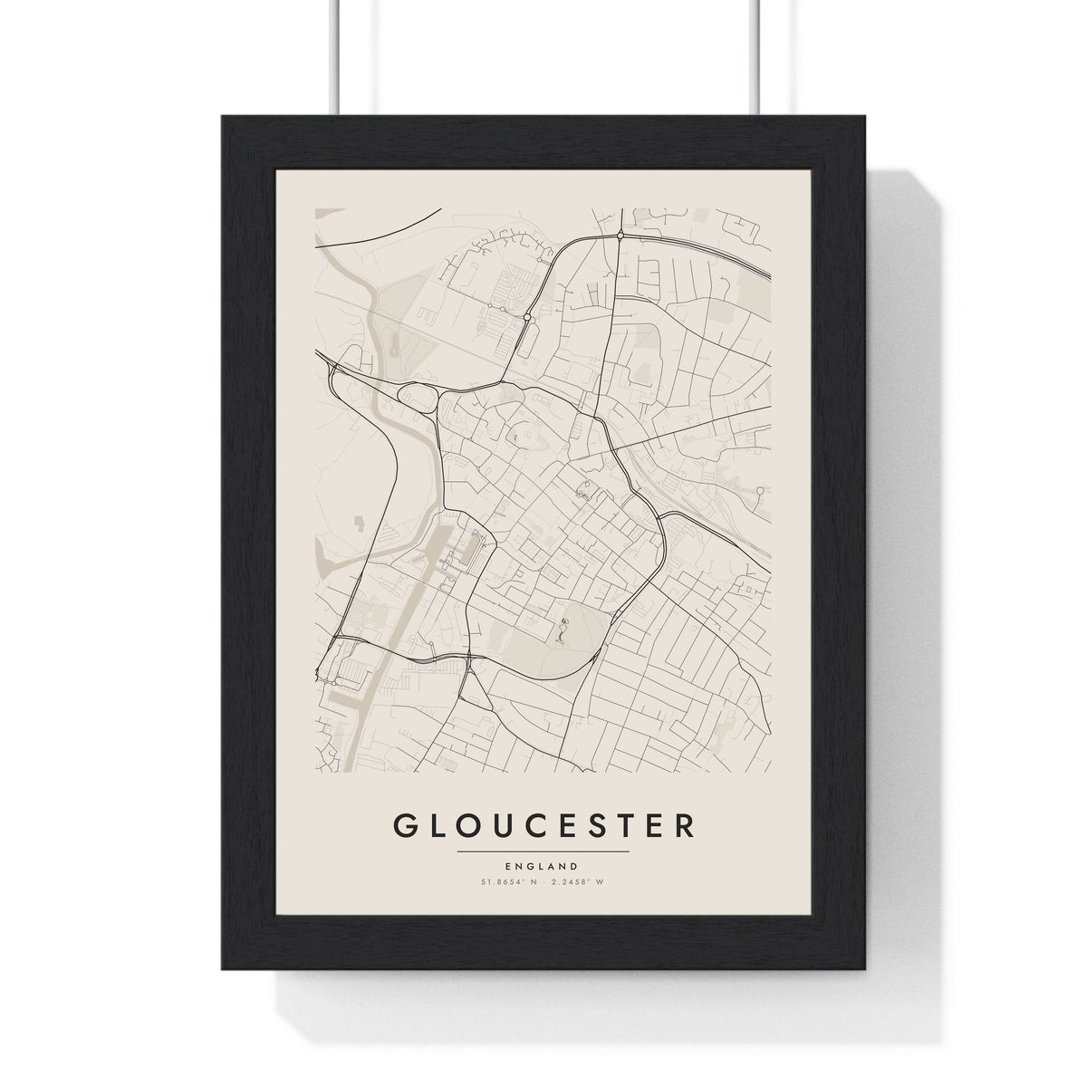 Gloucester street map poster in cream, minimal city map print framed in a black frame