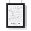 Gloucester street map poster in white, minimal city map print framed in a black frame