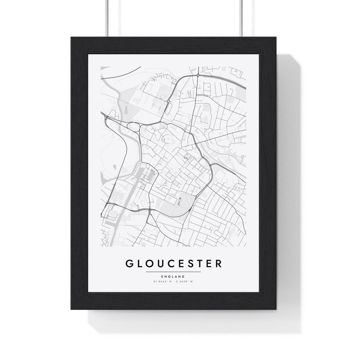 Gloucester street map poster in white, minimal city map print framed in a black frame