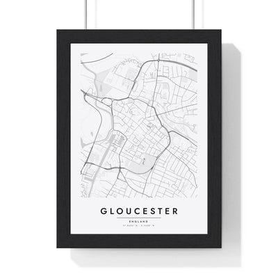 Gloucester street map poster in white, minimal city map print framed in a black frame