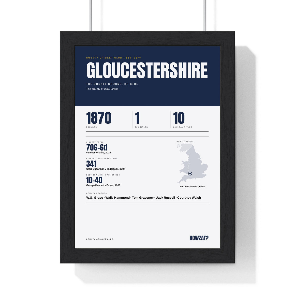 Gloucestershire Cricket print framed in a black frame, ready to hang