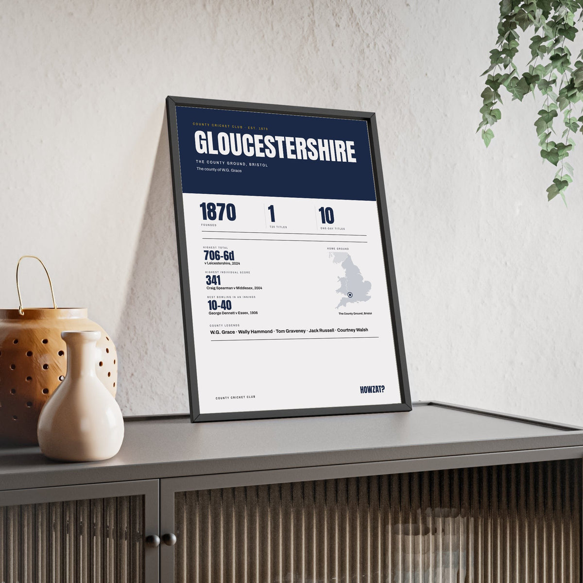 Gloucestershire Cricket print framed and leaning on a sideboard