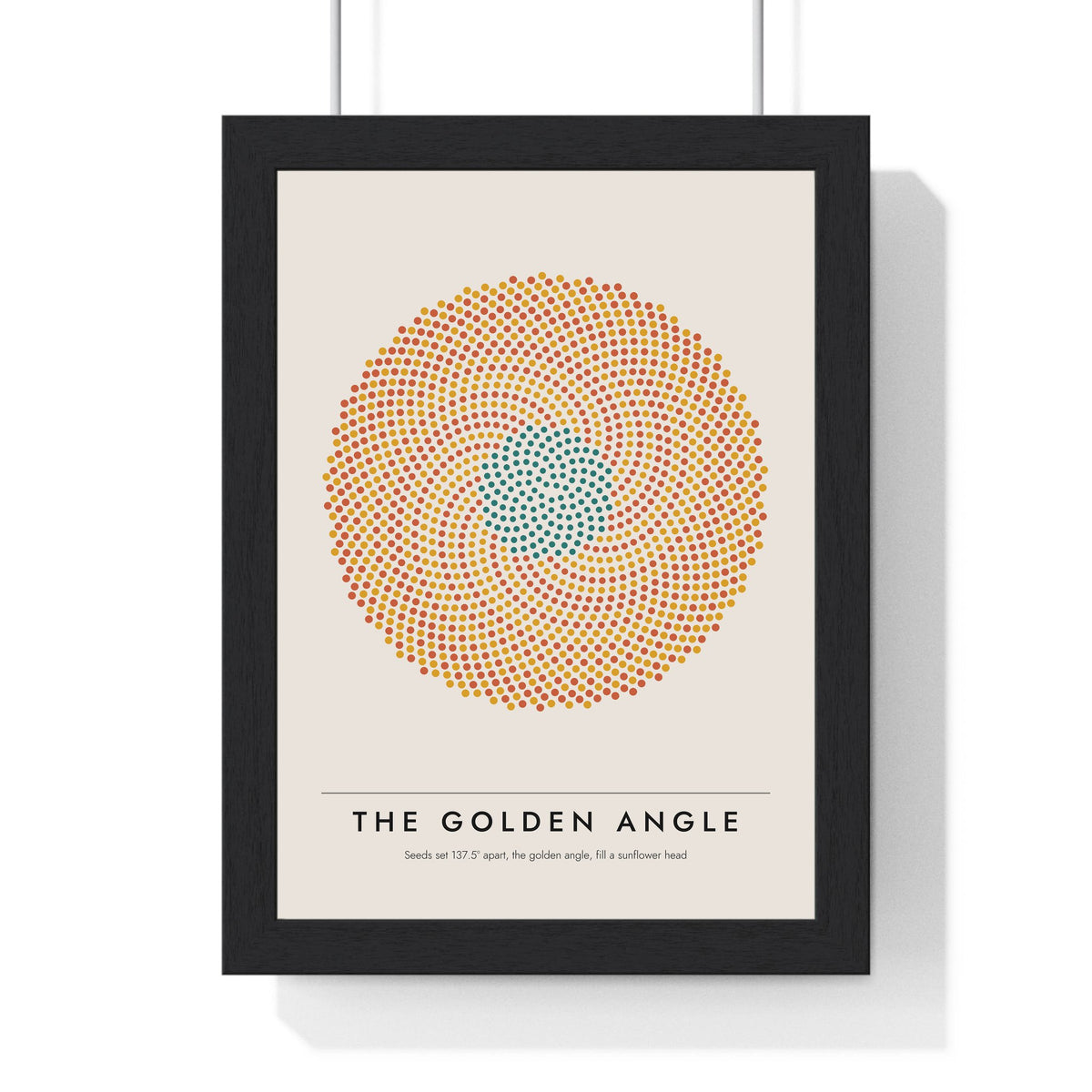 Golden Angle Sunflower print framed in a black frame, ready to hang