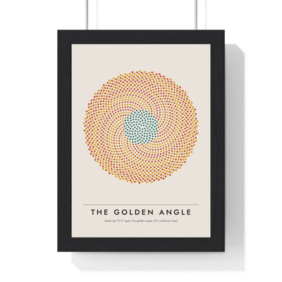 Golden Angle Sunflower print framed in a black frame, ready to hang