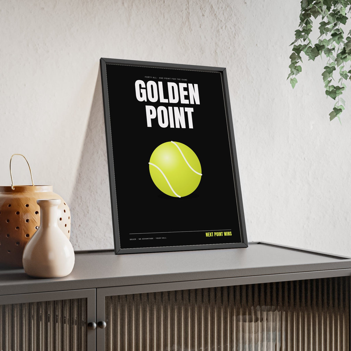 Golden Point Padel print framed and leaning on a sideboard