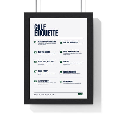 Golf Etiquette print framed in a black frame, ready to hang