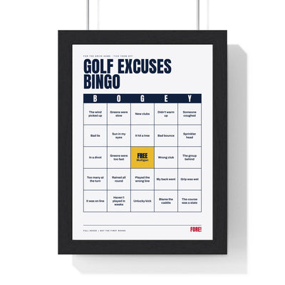 Golf Excuses Bingo print framed in a black frame, ready to hang