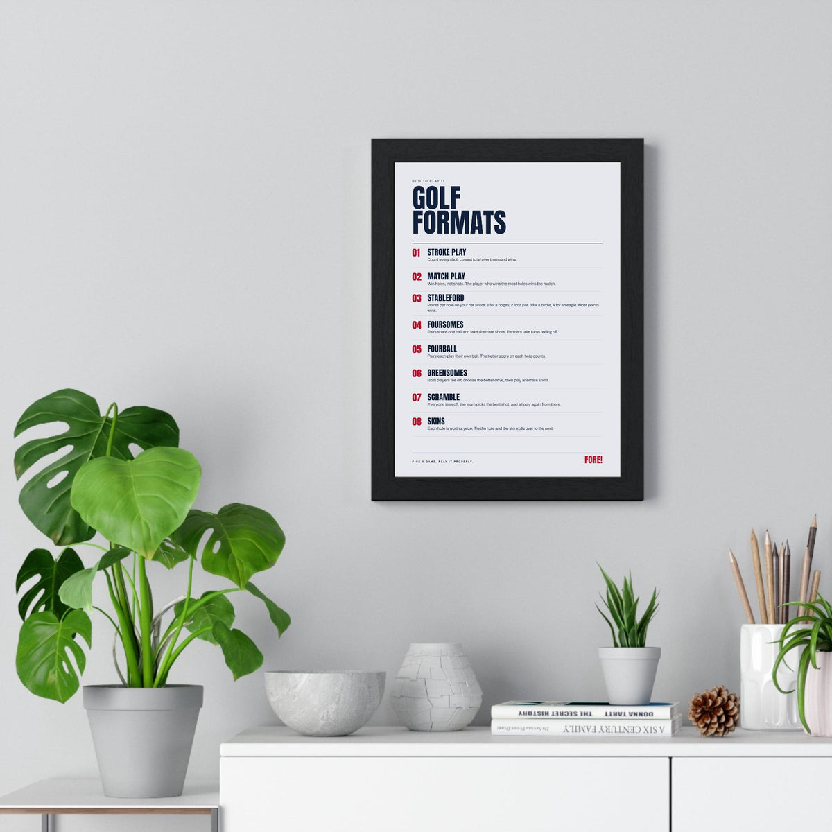 Golf Formats print framed on a living room wall