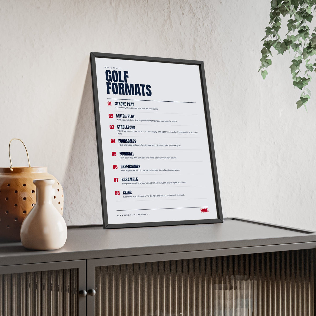 Golf Formats print framed and leaning on a sideboard