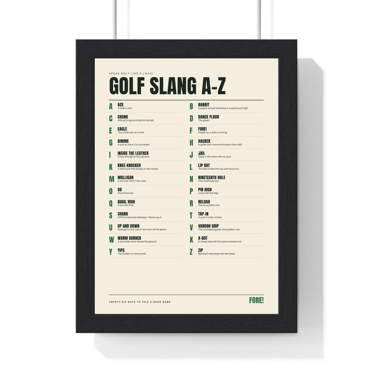 Golf Slang A-Z print framed in a black frame, ready to hang