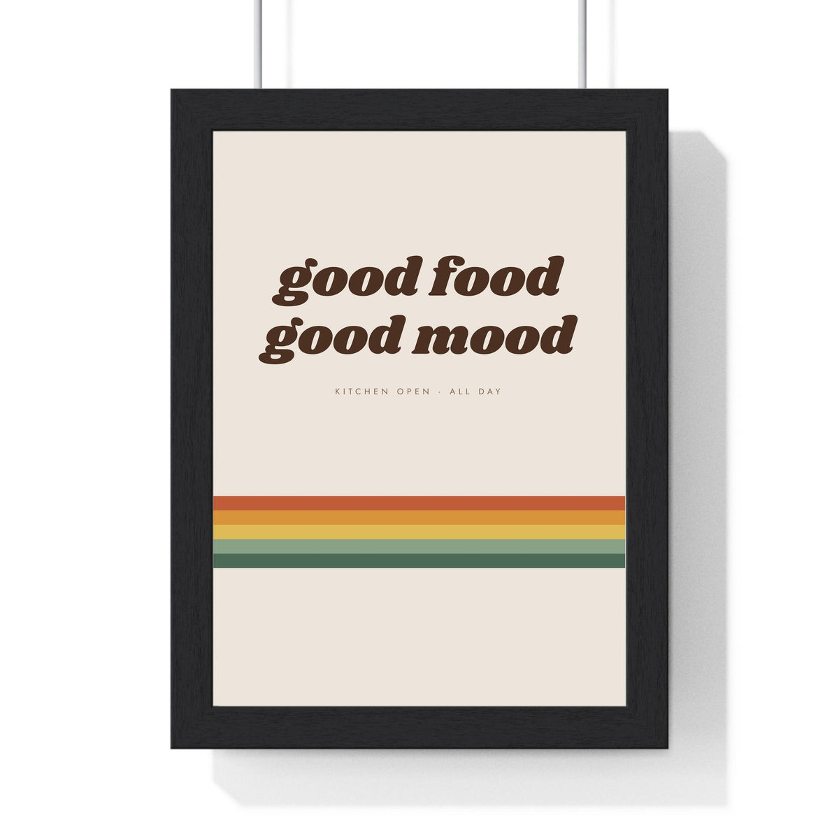 Good Food Good Mood Print framed in a black frame, ready to hang