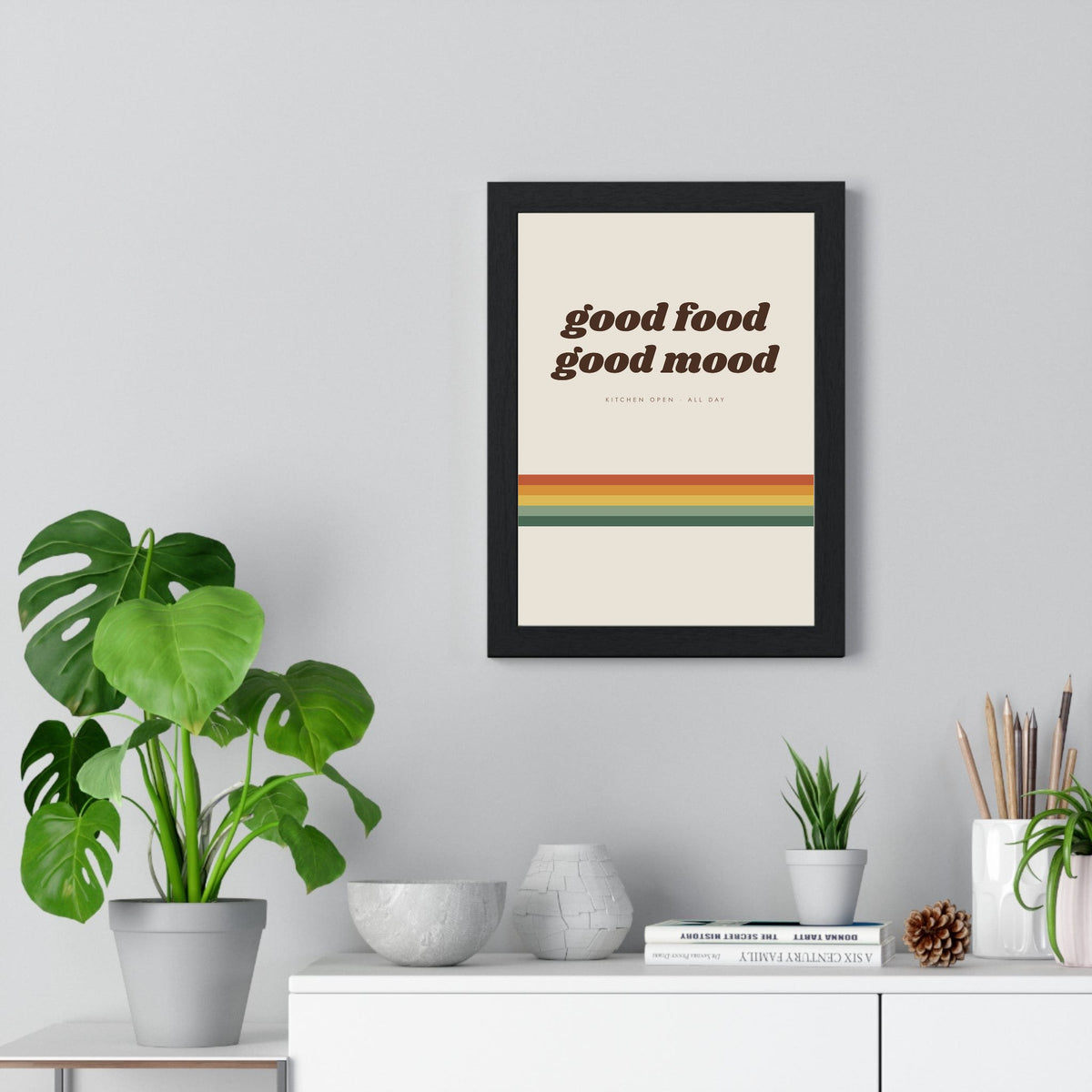 Good Food Good Mood Print framed on a living room wall