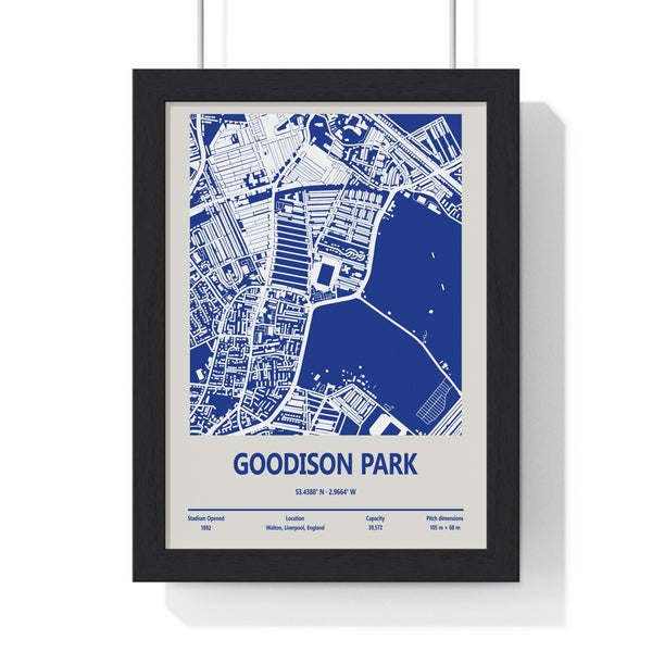 Goodison Park stadium map print framed in Poster Kingz black frame