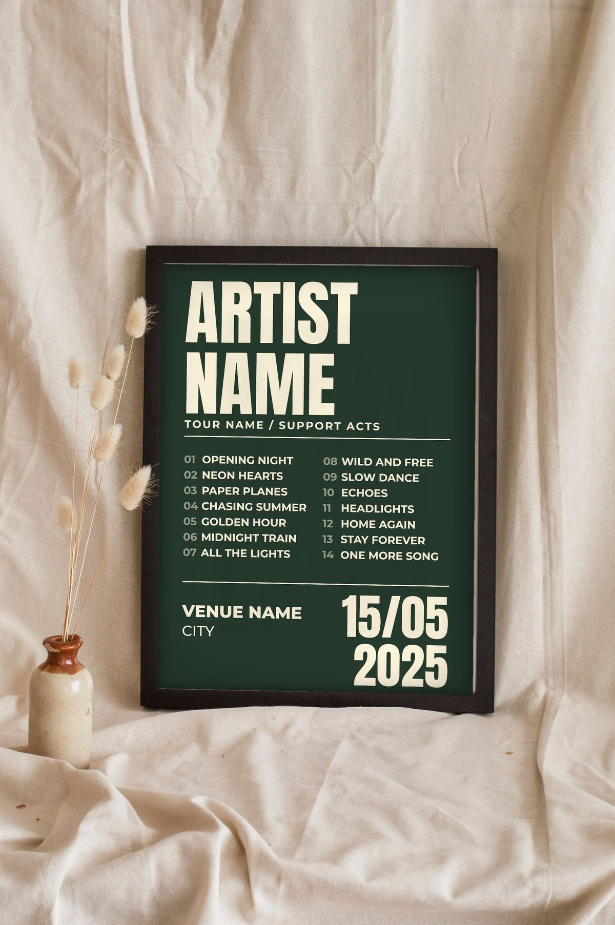 Personalised Gig Poster - Lifestyle - leaning in a frame with dried flowers